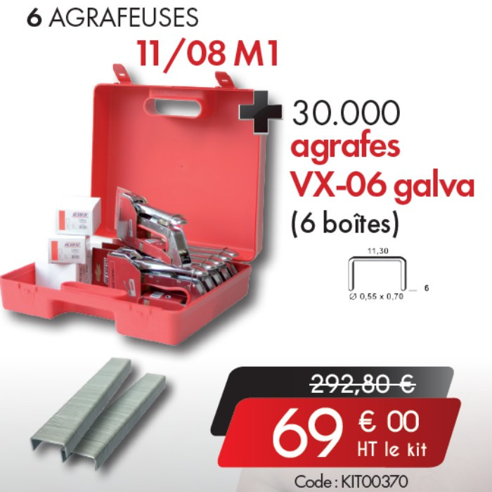 Kit 6 agrafeuse 11/08 M1 + 30 000 agrafes VX-06 galva