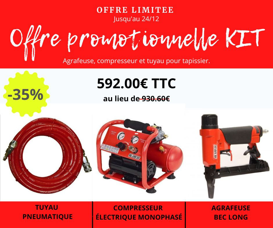 Kit agrafeuse bec long, compresseur, tuyau pour tapissiers 